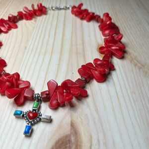 Red Coral Necklace with Sterling Cross Pendant & clasp
